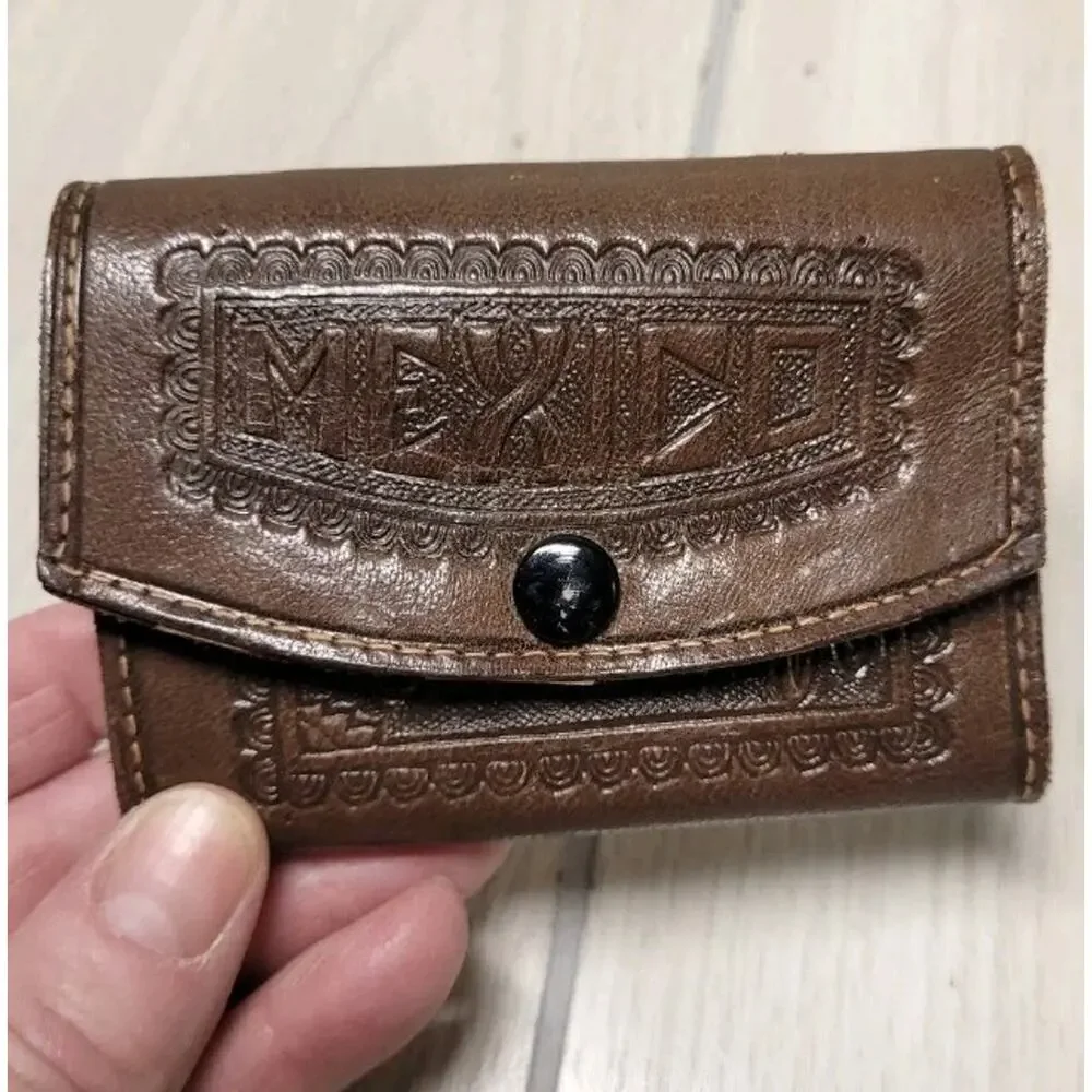 Vtg Mens Tooled Leather Bass Fish Key Case Brown 7 Key Chain Wallet Mexico
